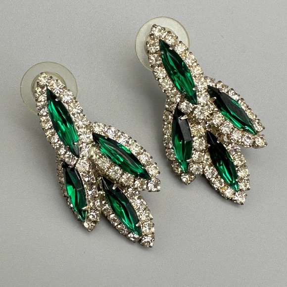 Green Rhinestone Marquis Pierced Earrings Vintage Unsigned - Picture 4 of 6